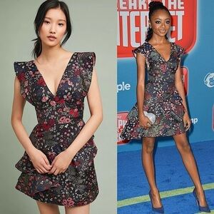 MONIQUE LHUILLIER Floral Embroidered Flutter Sleeve Tiered Ruffle Mini Dress 16